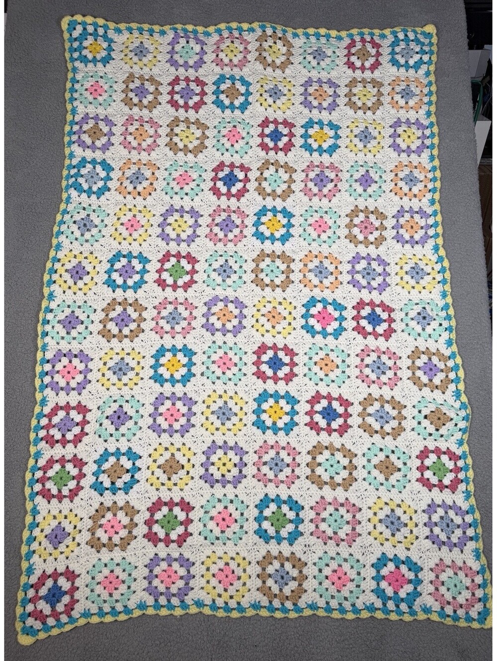 Vtg Crochet Lap Blanket Granny Square Afghan Sofa Throw Cottage Core 55 x 40